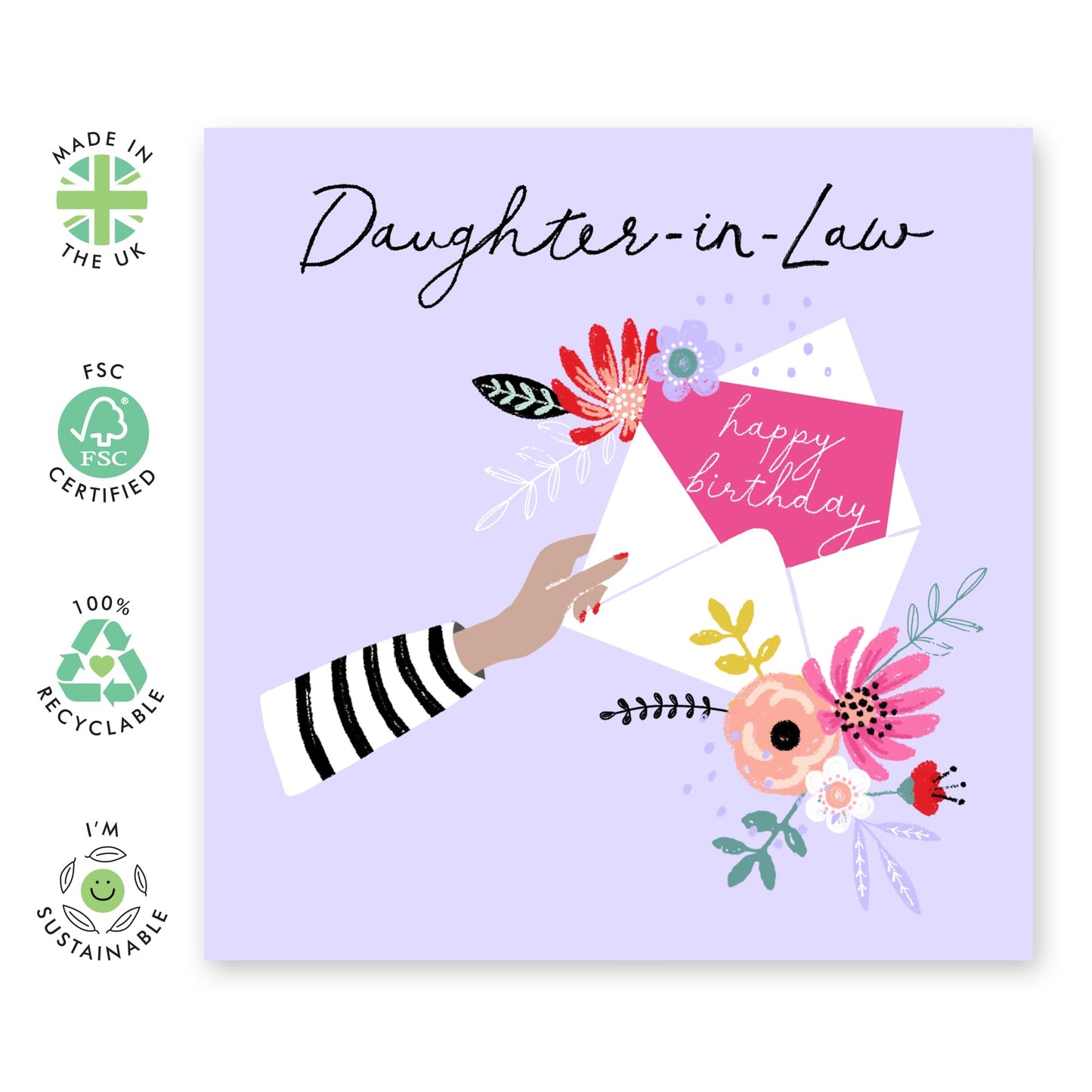 Daughter In Law Birthday Card For Her - Happy Birthday Greeting Cards For Women - Flowers And Envelope - Lilac Gifts For Daughter-in-law - Comes With Cute Stickers - By Central 23