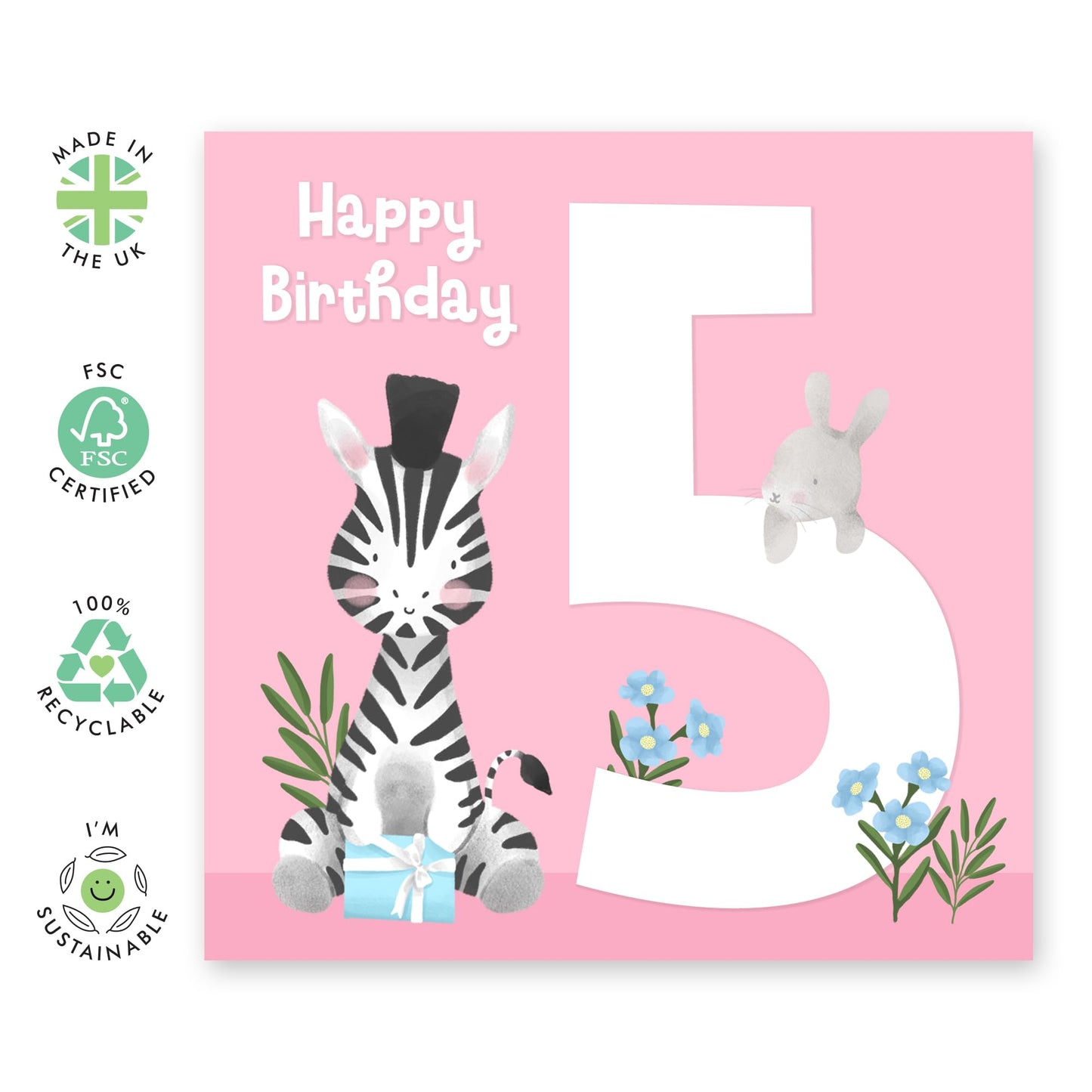 Happy 5th Birthday Card - Cute Animals Elephant Fifth Bday - Girl Birthday Card - Five Year Old Gifts For Toddler Niece Granddaughter - Comes With Fun Stickers - By Central 23