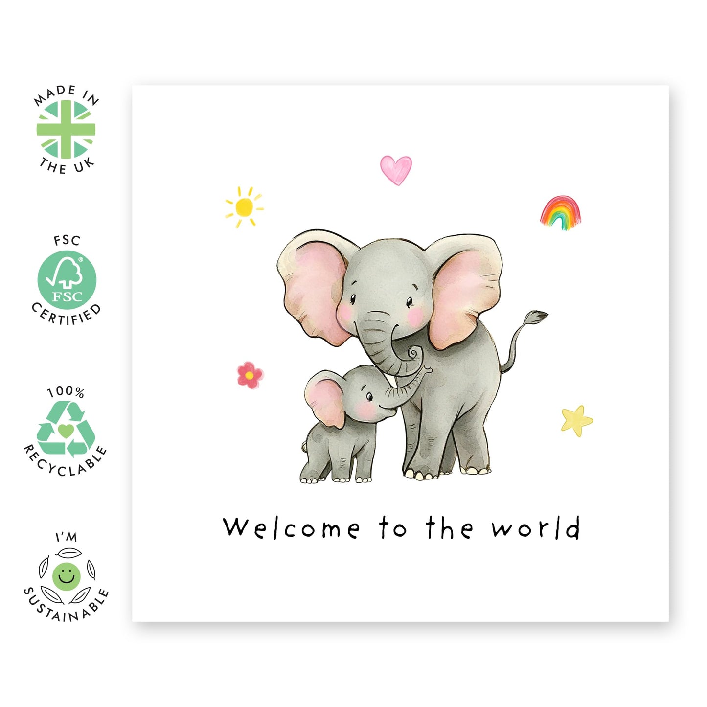 New Baby Celebration Card - 'Welcome To The World' - Gifts for Family, Friend, Bestie, BFF, Son, Daughter, Relatives - Elephants - Comes with Fun Stickers
