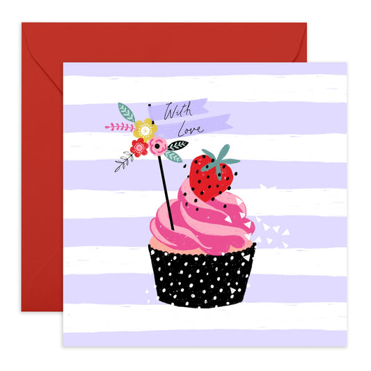 Birthday Card For Women - With Love Strawberry Cupcake - Mothers Day Card From Son Daughter - Wife Anniversary Card - Valentines Card Girlfriend - Love Cards Her - Comes With Stickers By Central 23