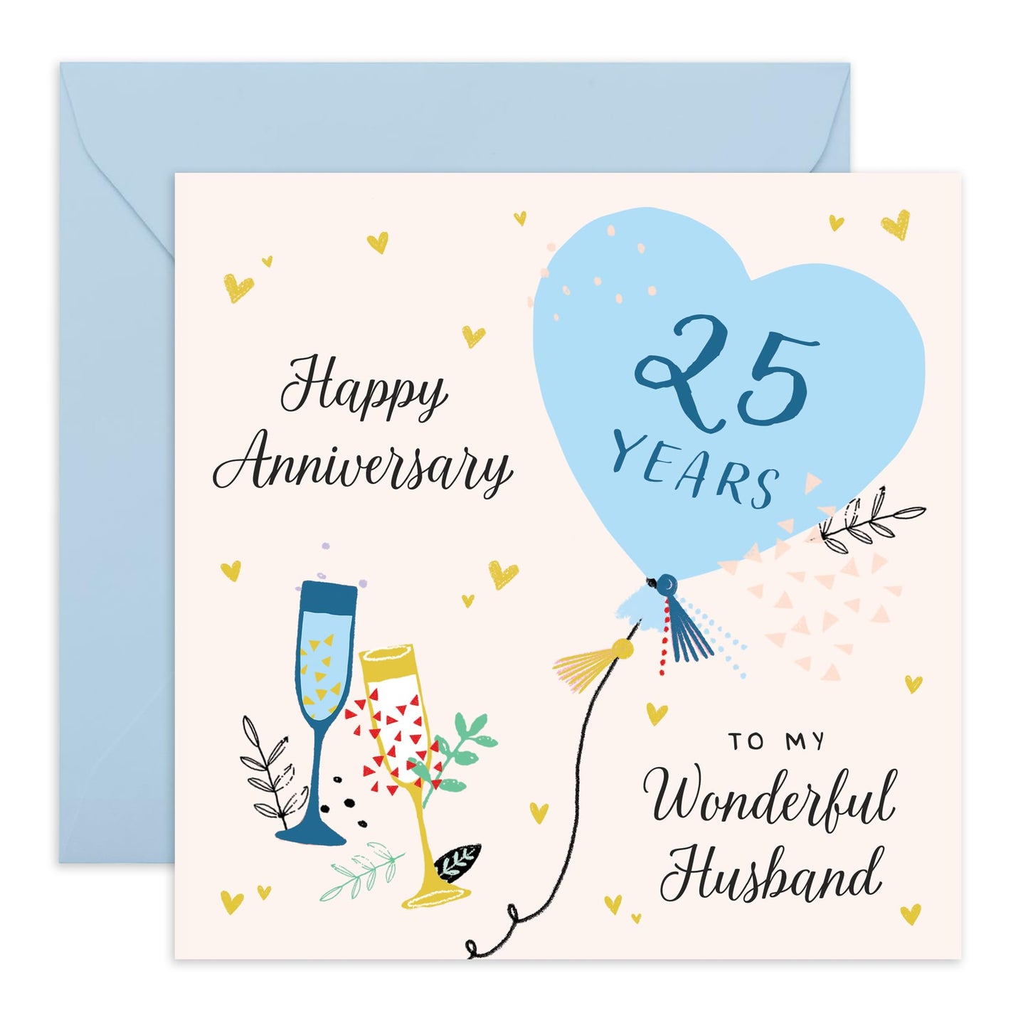 25th Anniversary Card for Husband – Gifts for Him, Spouse, Partner, Mr, Hun, Lovebug, Darling, Sweetheart, Men – Twenty Five Years Down , Blue Heart Balloon - Comes with Stickers
