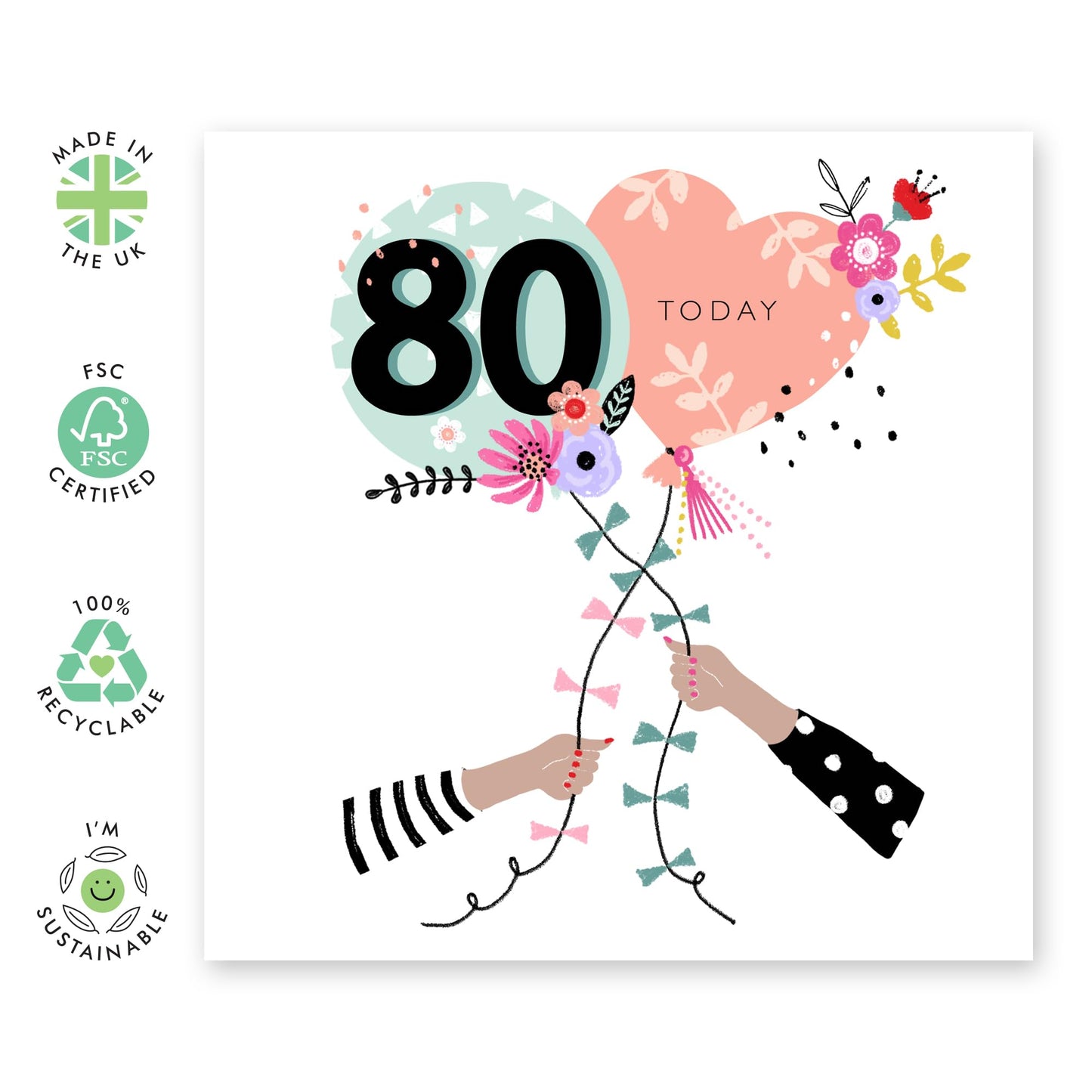 80th Birthday Card For Women - 80th Birthday Balloons - Grandmother Birthday Greeting Card - Floral Birthday Card - Happy Eightieth Birthday Card Grandma - Comes With Fun Stickers By Central 23