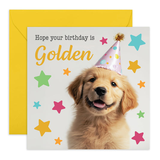 Golden Retriever Birthday Card - "Bday is Golden" - Gifts for Dog Lovers, Pet Owners, Fur Mum or Dad, Friends, Family, Colleagues, Him, Her - Cute Puppy Design - Comes with Fun Stickers