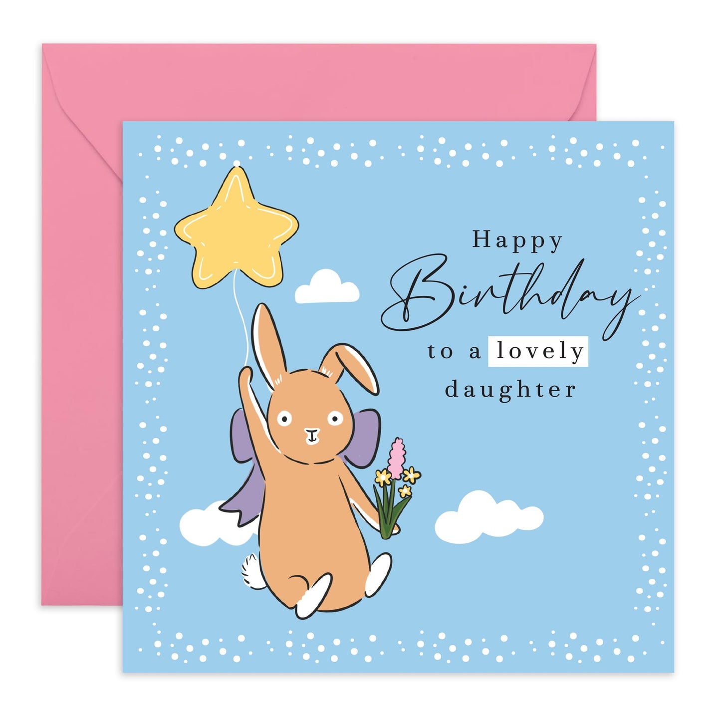 Daughter Birthday Card – Bunny & Star Balloon – Adorable Greeting Card for Her, Girls, Child, Teenager, Toddler, Women, Ladies, from Mum, Dad - Sweet Rabbit Gifts - Comes with Fun Stickers