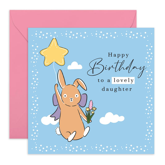 Daughter Birthday Card – Bunny & Star Balloon – Adorable Greeting Card for Her, Girls, Child, Teenager, Toddler, Women, Ladies, from Mum, Dad - Sweet Rabbit Gifts - Comes with Fun Stickers