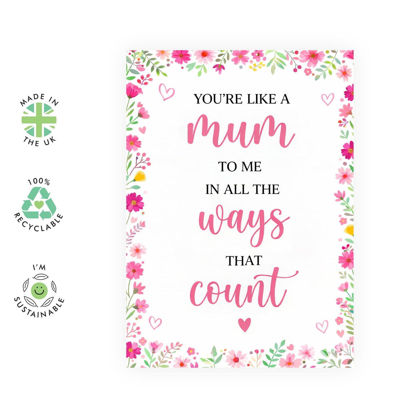 Mother’s Day Card - ‘You’re Like a Mum to Me’ - Thoughtful Greeting Card for Stepmom, Grandma, Sister or Aunt - Includes Envelopes & Fun Stickers - Premium Keepsake from Daughter or Son