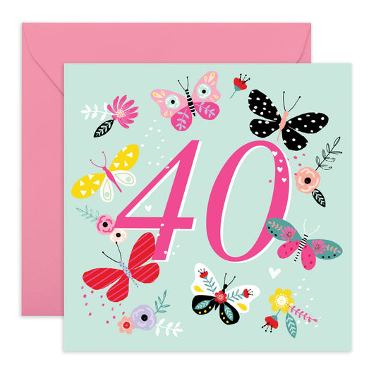 Butterfly Birthday Cards For Women Age Forty - Fortieth Birthday Card For Her - Pretty Butterflies Gifts - Happy 40th Bday Card For Sister Aunt Friends - Comes With Fun Stickers By Central 23