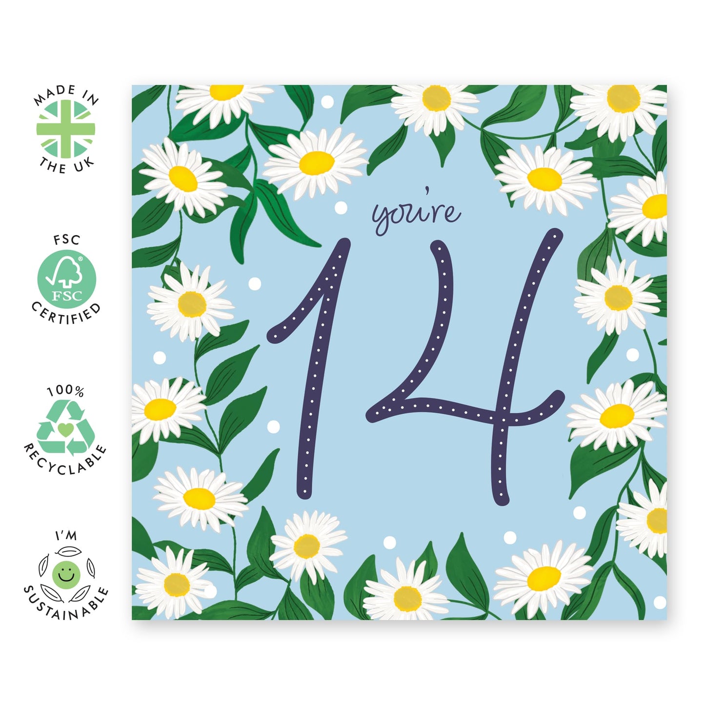 14th Birthday Card For Girls - Daisy Chain 14 - Happy Fourteenth Birthday Card For Teens - Floral - Gifts For Her Daughter Niece Granddaughter - Comes With Fun Stickers - By Central 23