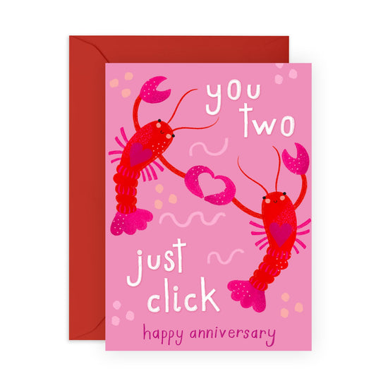 Adorable Lobsters Anniversary Card – 'You Two Just Click' – Fun and Sweet Gifts Friends, Him, Her, Them, Brother, Sister, Son, Daughter - Claw to Claw - Comes with Fun Stickers