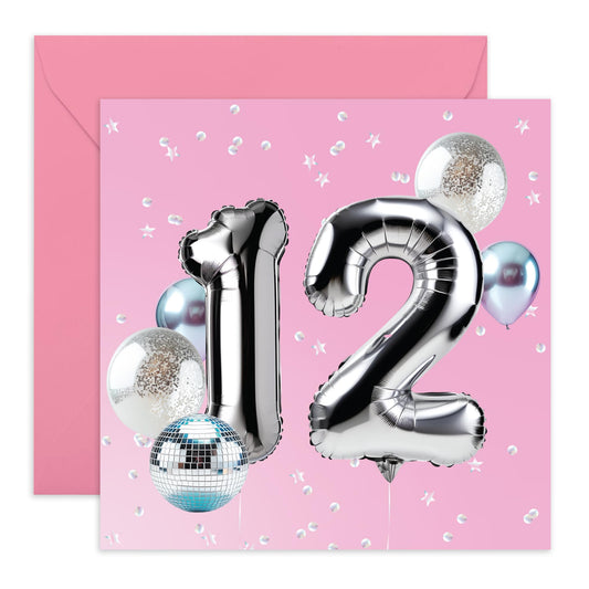 Happy 12th Birthday Card For Girls - Foil Balloon 12 Birthday Party - 12th Bday Card For Niece - Gifts For Twelveth Year Old Daughter - Gift For Kids - Comes With Fun Stickers - By Central 23