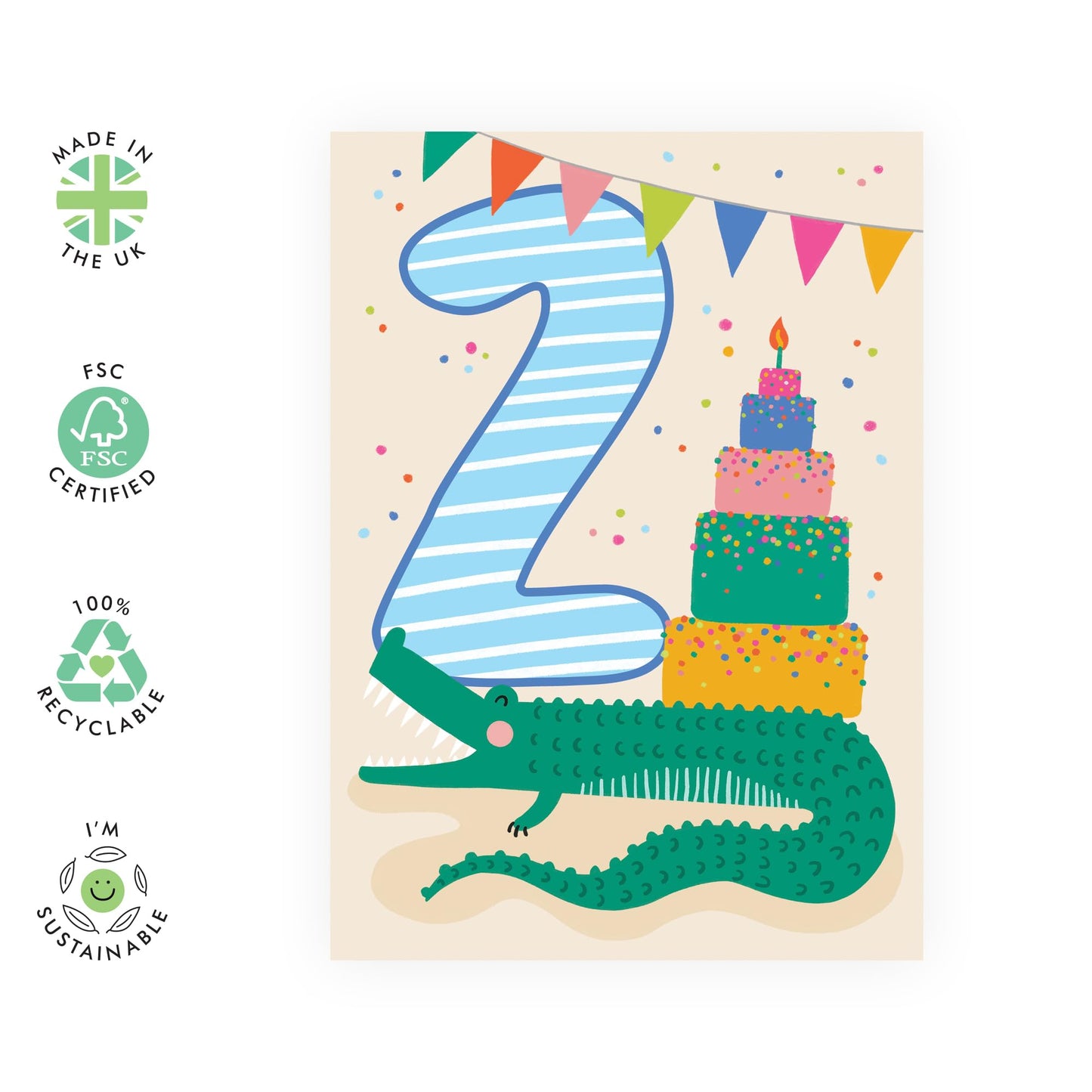 Happy Second Birthday Card Boy Girl - Bday Cake And Crocodile - 2nd Birthday Cards For Kids Baby Toddlers - Gifts For Godson Granddaughter Niece Age Two - Comes With Cute Stickers By Central 23