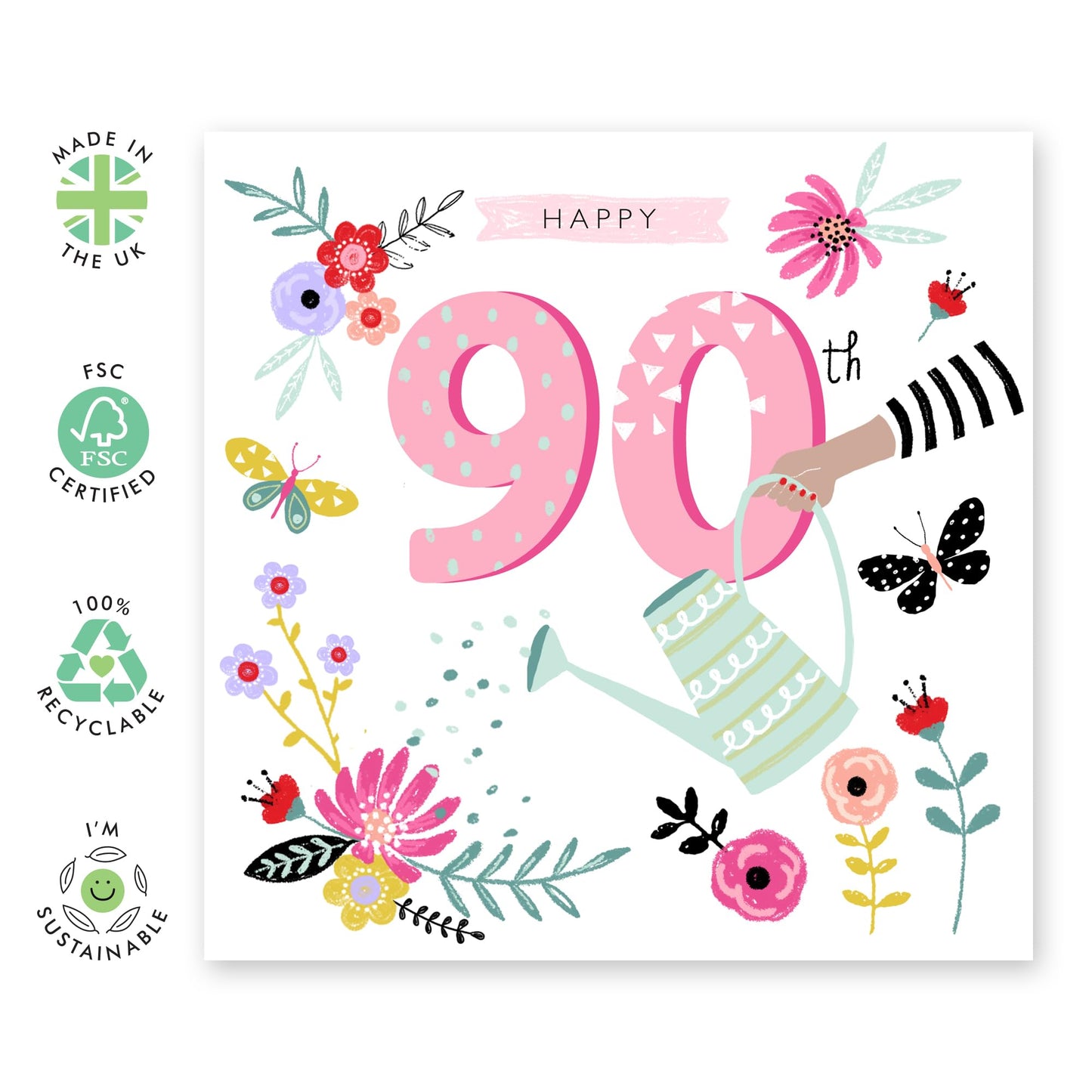 90th Birthday Card For Her - Pretty Flowers Butterflies - Pink Nan Birthday Card Age Ninety - Elegant Floral Milestone Cards - Gifts For Women - Comes With Cute Stickers By Central 23