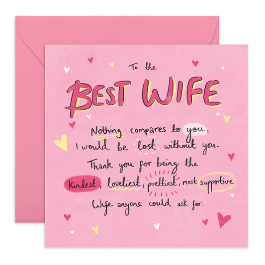 Birthday Card For Wife - To The Best Wife Sweet Words - Wedding Anniversary Card For Couple Partner - Thank You, I Love You Gifts For Her Women - Comes With Cute Stickers By Central 23