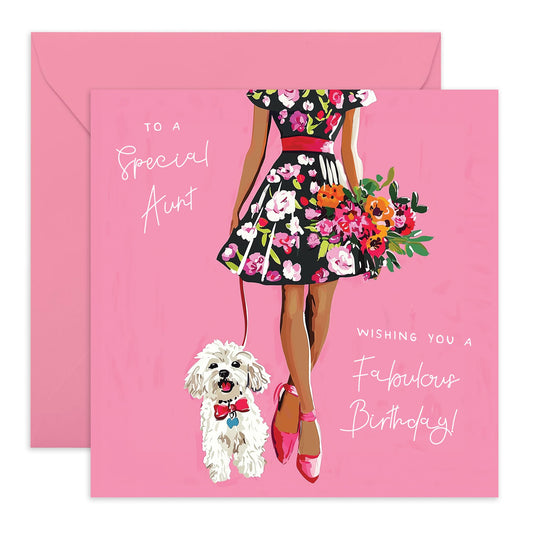 Ladies Birthday Card - "Aunt Dog" - Presents for Her, Aunties, Women, Family, Relatives from Niece or Nephew - Cute Summer Dress and Flowers - Comes with Fun Stickers