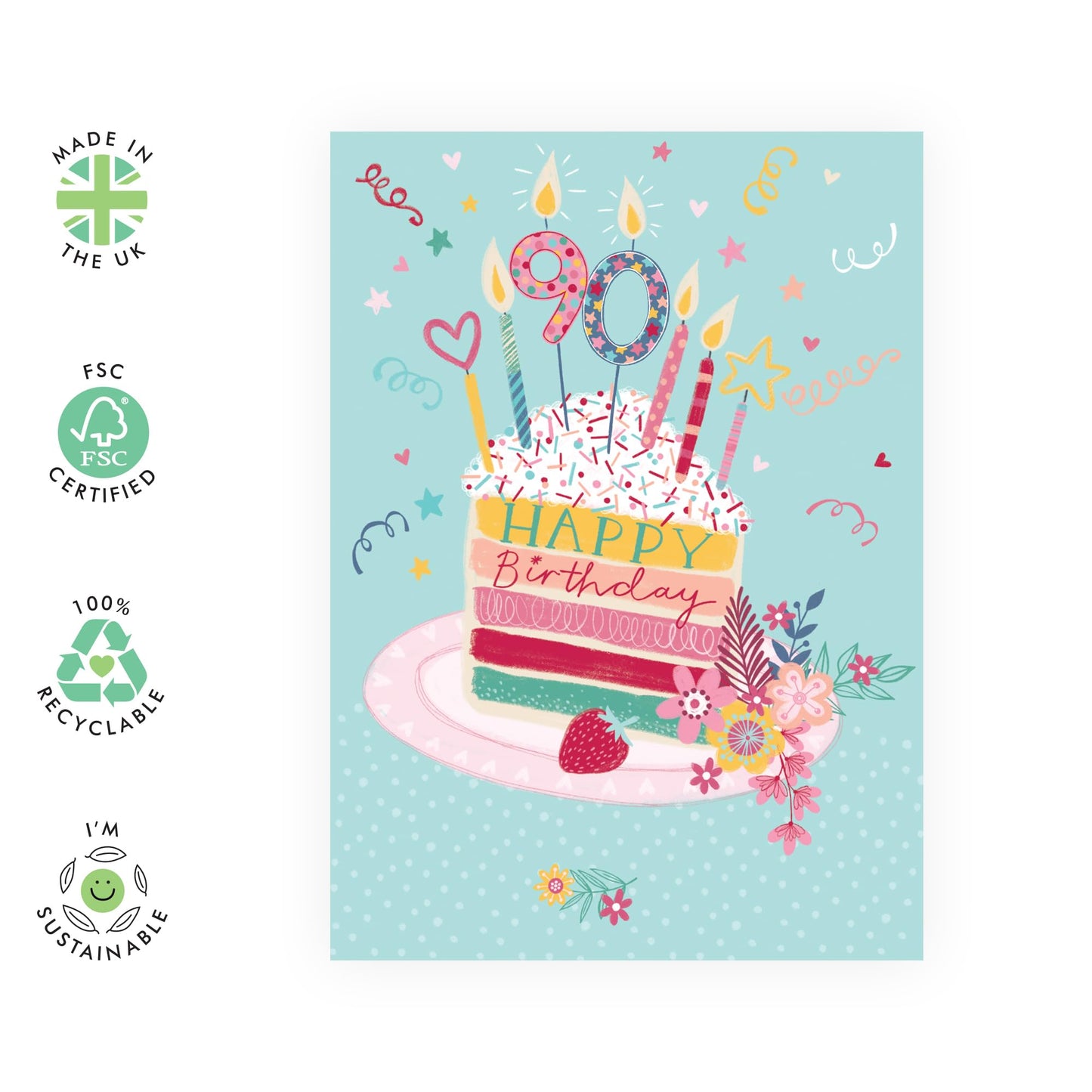 90th Birthday Card For Women - Cake 90 - Floral Gifts For Her - Pretty Ninetieth Birthday Cards For Sister Friends Mum Auntie Grandma Wife - Comes With Fun Stickers - By Central 23
