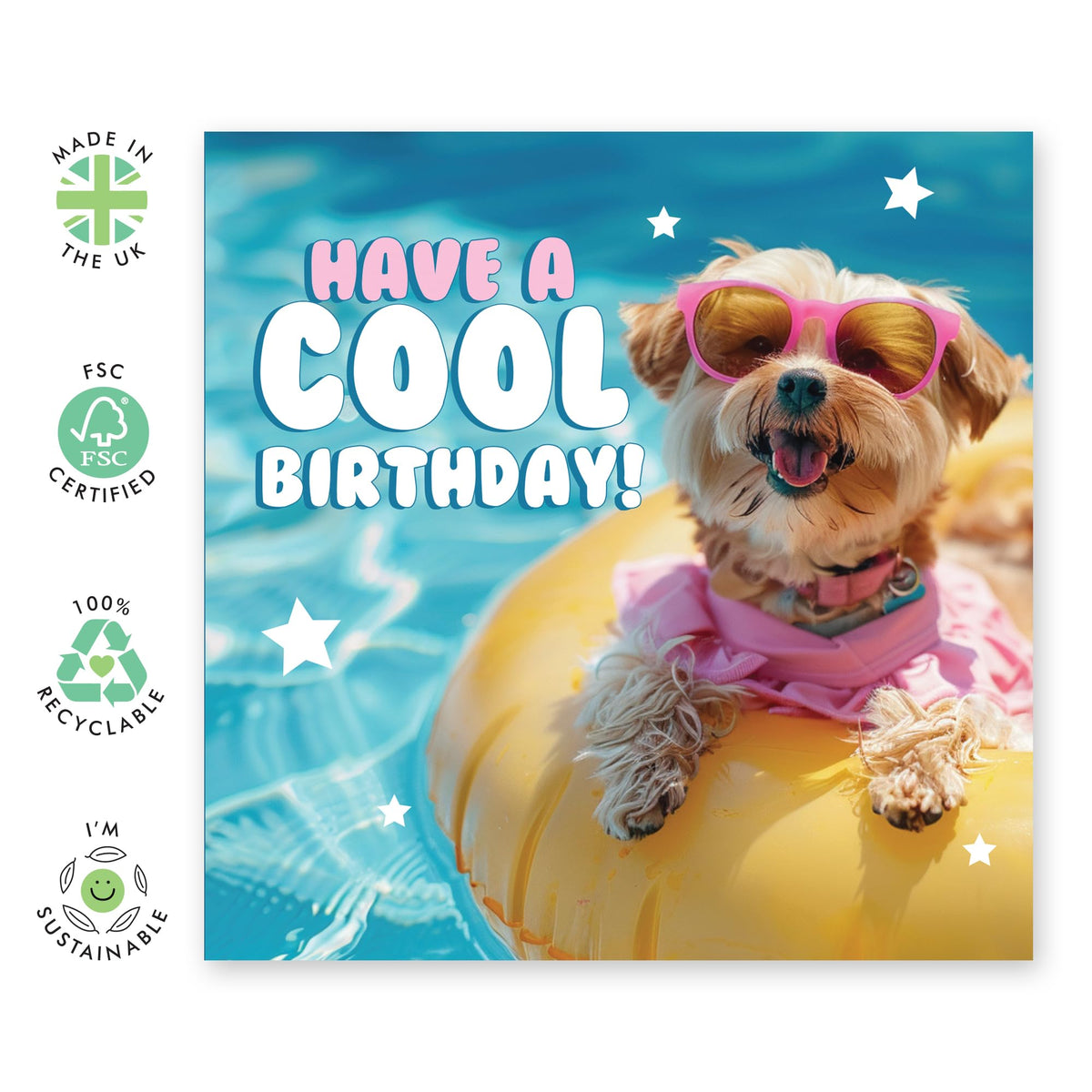 Cute Dog Birthday Card - 'Have a Cool Birthday' - Present for Dog & Pet Lovers, Fur Parents, Bully Owners - Enjoy Your Party - Comes with Fun Stickers