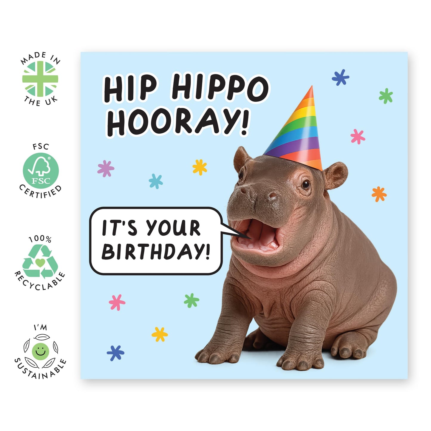 Birthday Card for Boys and Girls– “Hip Hippo Hooray!” - Gift for Him, Her, Son, Daughter, Mum, Dad, Friends, BFF, Bestie - Cute Baby Hippo for Kids and Adults - Comes with Stickers