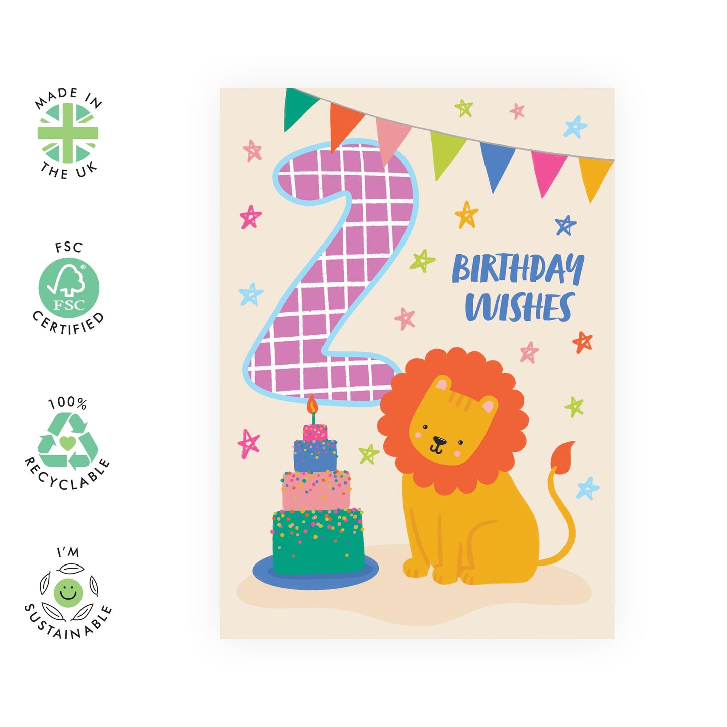 Boys Birthday Cards Age Two - Bday Cake Lion - 2nd Birthday Cards For Kids Girls Toddlers - Gifts For Son Daughter Niece Nephew Godson - Happy Second Bday Card - Comes With Stickers By Central 23