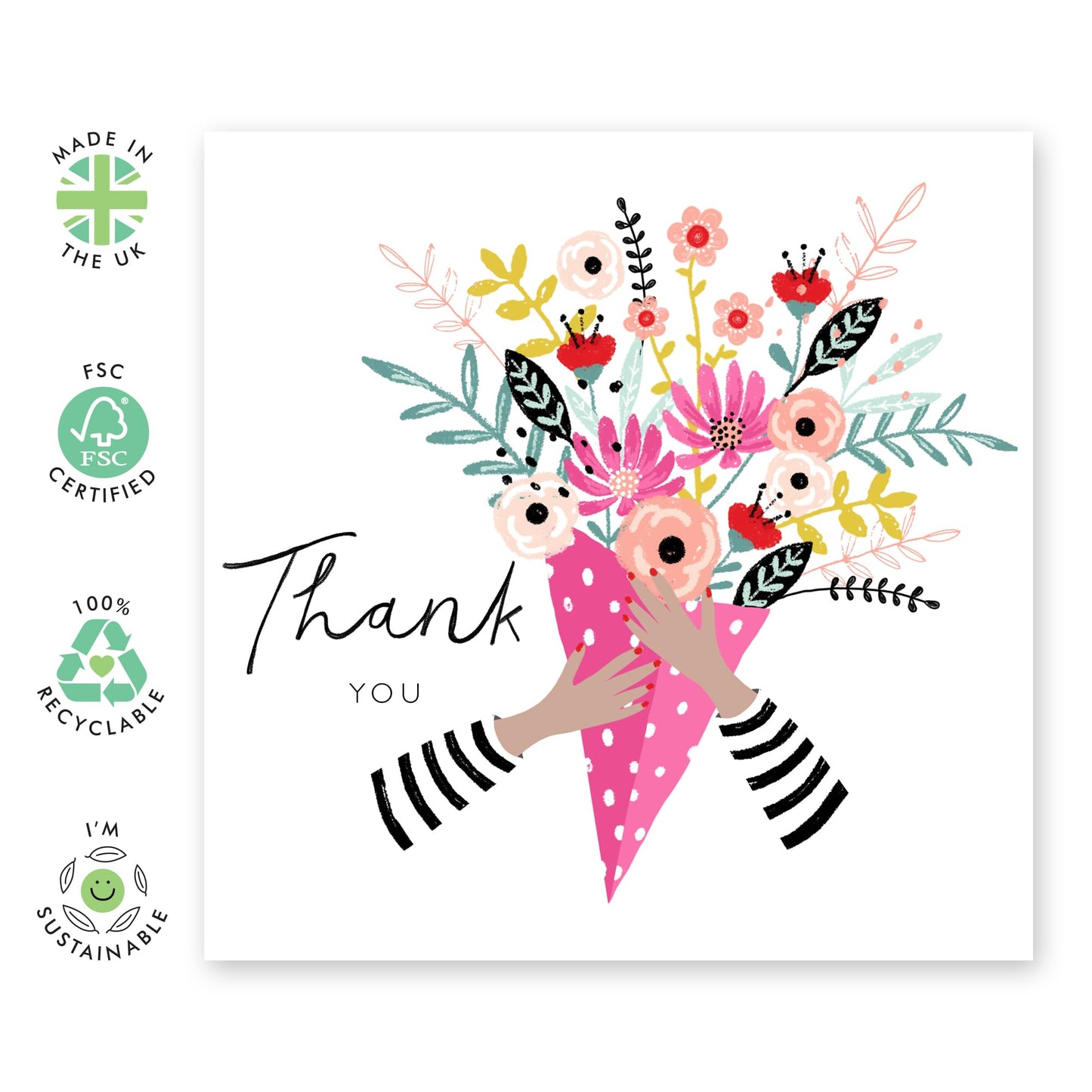 Flower Bouquet Card - Thank You Cards Wedding Baby Shower Christening - Pretty Floral Cards For Women - Thank You Notes And Envelopes For Student Teacher Doctor - Comes With Stickers By Central 23