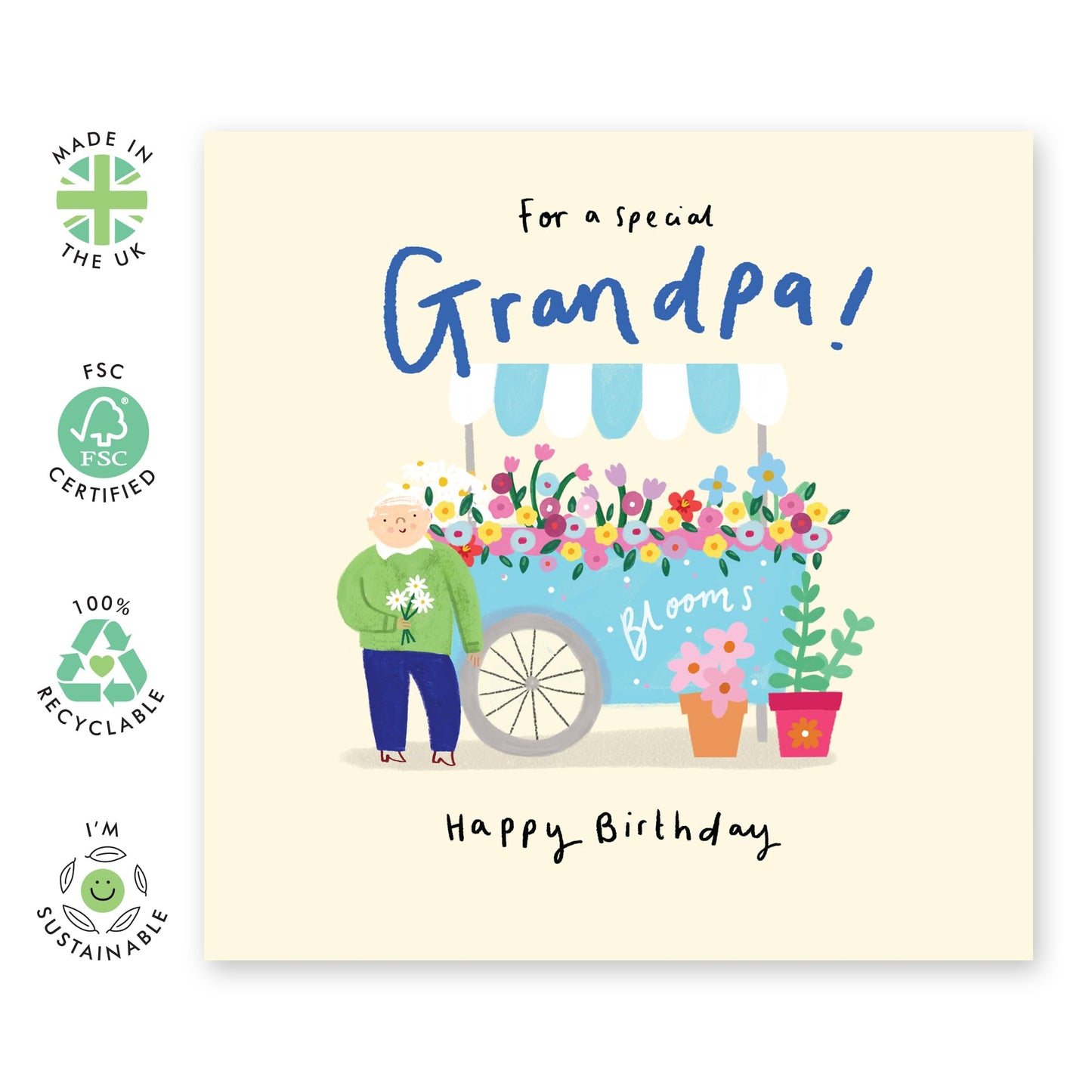 Sweet Happy Birthday Card - 'Floral Stand Grandpa' - Gift for Grandad, Grandfather, Grandparents from Grandchildren - We Love You - Comes with Fun Stickers