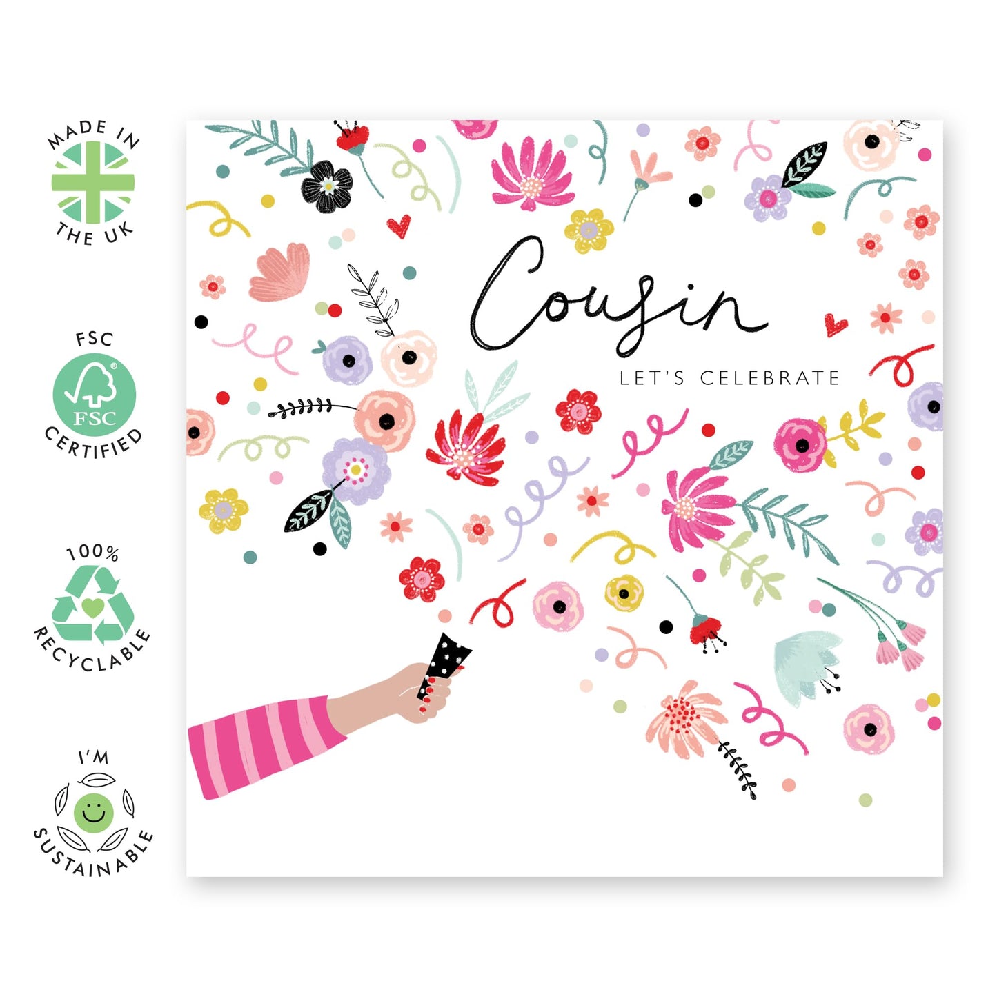 Cousin Birthday Card For Her - Confetti Celebration - Pretty Birthday Greeting Cards And Envelopes For Girls Ladies Female - Gift For Women - Comes With Fun Stickers - By Central 23
