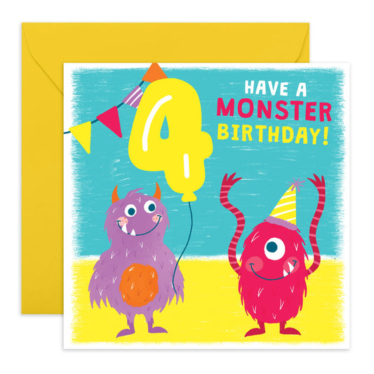4th Birthday Card Boy Girls - Party Monsters - Happy Birthday Card For Kids - Forth Bday Milestone Gifts For Son Daughter Nephew Niece Grandson - Age Four - Comes With Stickers By Central 23