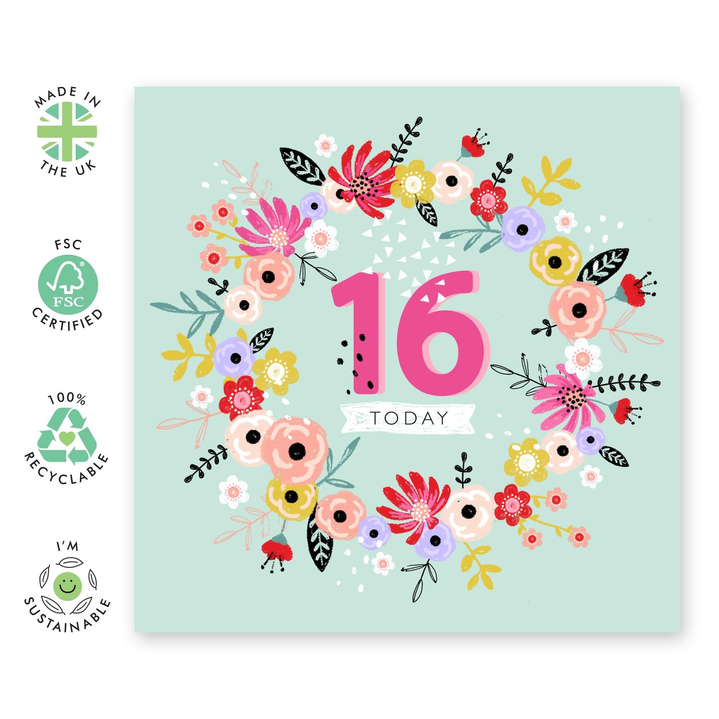 16th Birthday Cards For Kids - 16 Today Birthday Wreath - Happy Birthday Card For Daughter Granddaughter Niece - Floral Card - Girl Birthday Card Sixteen Year Old - Comes With Stickers By Central 23