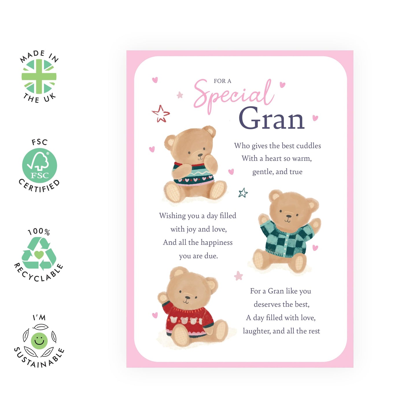 Grandmother's Sweet Greeting Card - 'Teddy Gran' - Gifts for Grandmam, Grandmum, Grandmummy, Mimi, Nanna - Cuddles For You - Comes with Fun Stickers