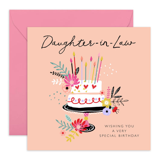 Happy Birthday Daughter In Law Card - Special Bday Cake - Sweet Greeting Card For Her Women - Gifts For Daughter-in-law - Comes With Cute Stickers - By Central 23