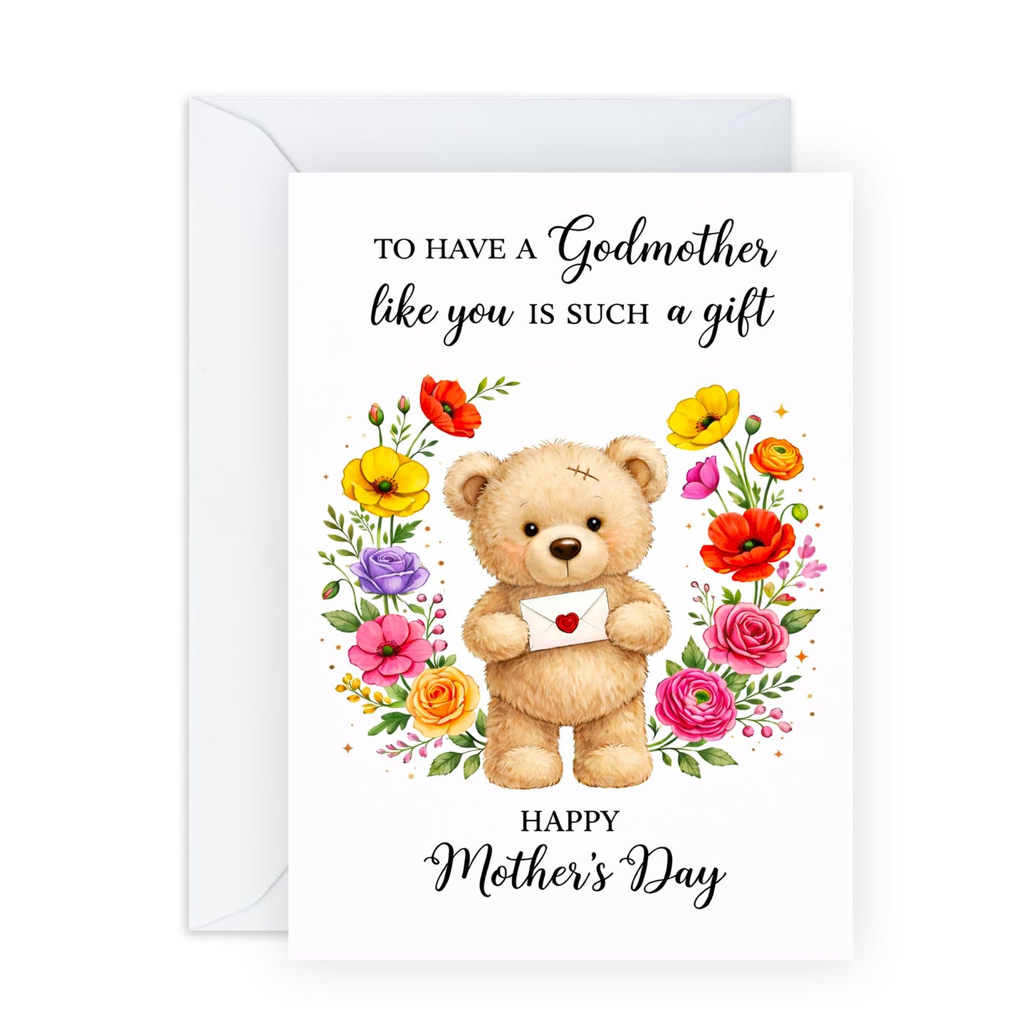 Mother’s Day Card for Godmother - ‘To Have a Godmother Like You is Such a Gift’ Cute Teddy Bear Greeting Card from Godson or Goddaughter - Made in UK - Includes White Envelope