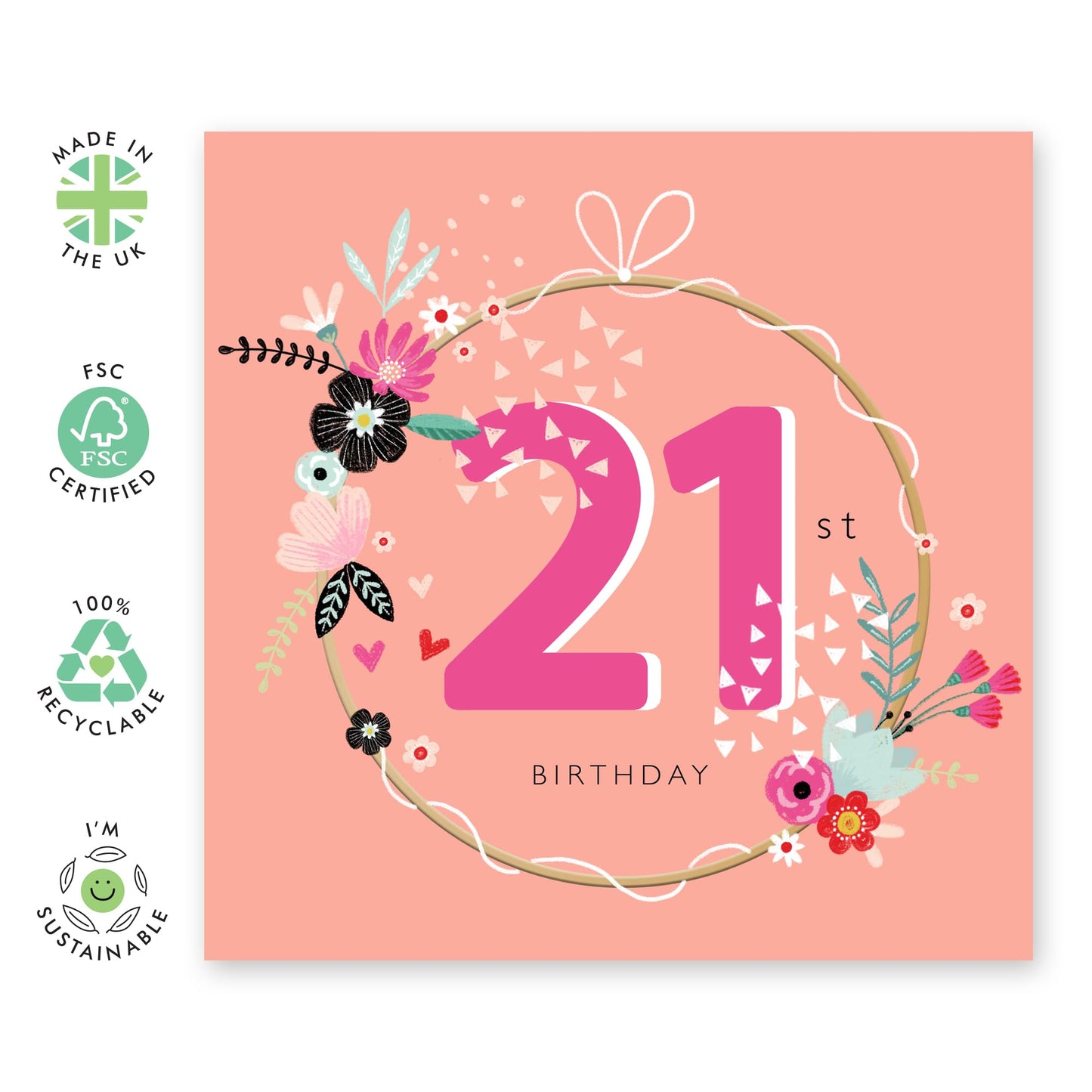 Floral Birthday Card For Her - 21st Circle Florals - Happy Twenty-first Birthday Card - Gifts For Daughter Niece - From Mum Dad - Happy 21st Birthday Cards - Comes With Fun Stickers By Central
