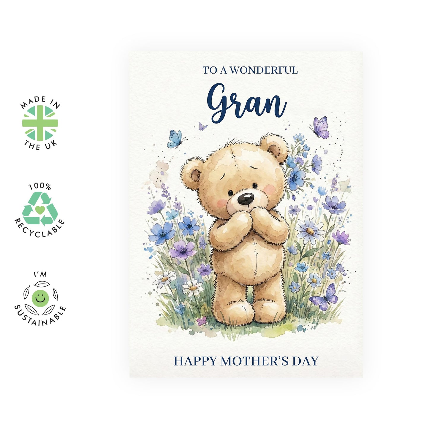 Gran Mother’s Day Card – Cute Teddy Bear Floral Meadow for Her Grandmother Grandma Her Women Seniors From Grandson Granddaughter Family – Watercolour Keepsake Greeting -Comes with Stickers