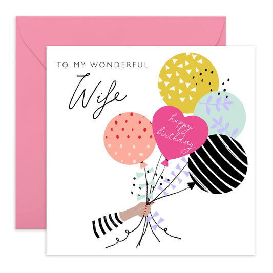 Wife Birthday Card For Her - To My Wonderful Wife - Sweet Greeting Cards For Women - Bday Balloons Celebration Card - I Love You Cards - Wife Gifts - Comes With Cute Stickers By Central 23