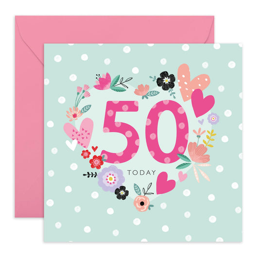 Floral Birthday Card For Women Age 50 - 50th Floral Heart - Happy 50th Birthday Cards For Mum Mummy Wife - Gifts For Friends Aunt Auntie - From Son Daughter - Comes With Fun Stickers By Central 23