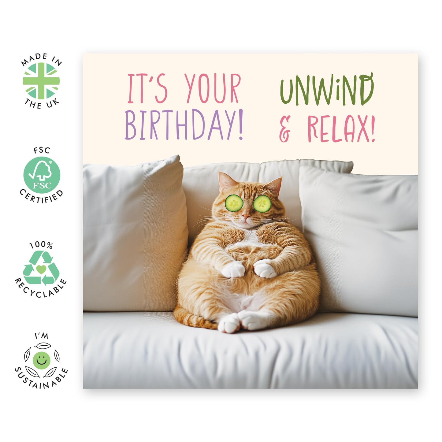 Relaxation Birthday Card for Her - 'Unwind And Relax Birthday Cat' - Gifts for Women, Wife, Mum, Girlfriend, Friend - Fat Cat Pampering - Comes with Fun Stickers