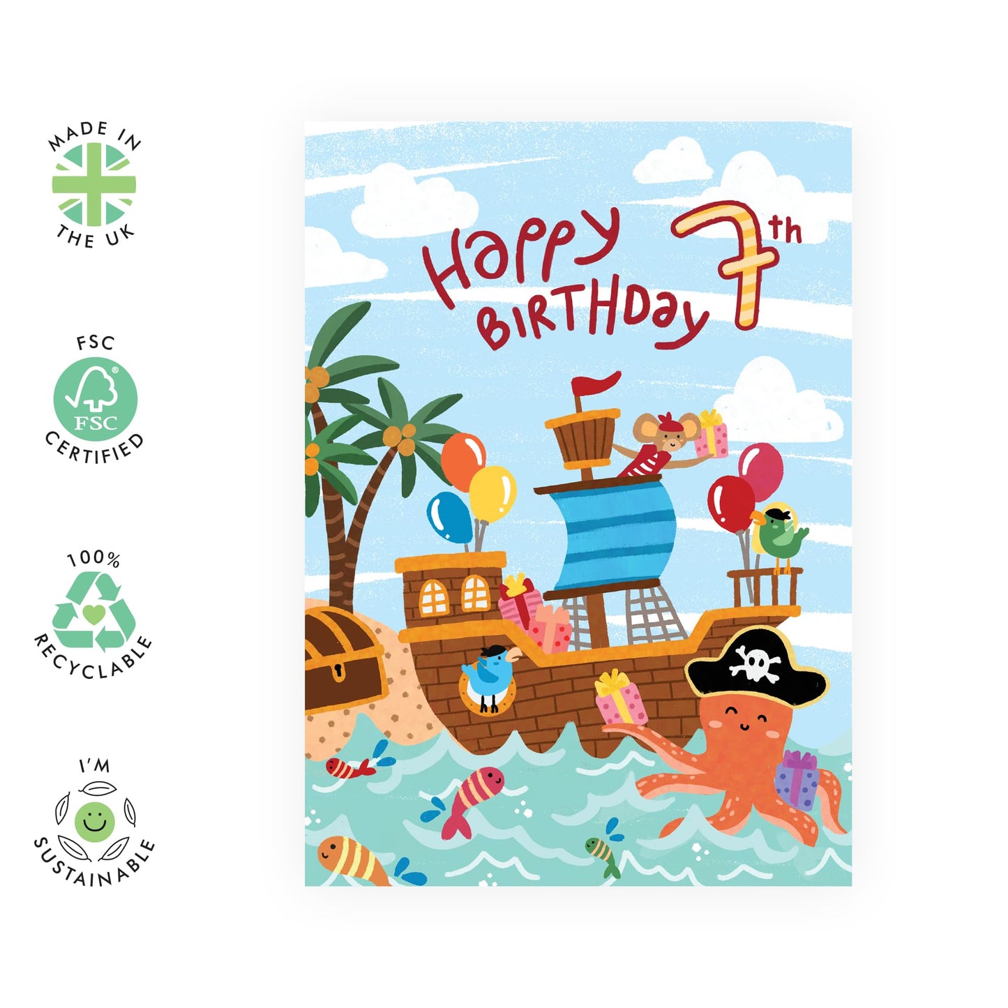 Happy Birthday Card For Boy 7th Birthday - Animal Pirates Ship Treasure - Seventh Birthday - Gifts For Son Grandson Brother - Age Seven - 7 Year Old - Comes With Stickers - By Central 23