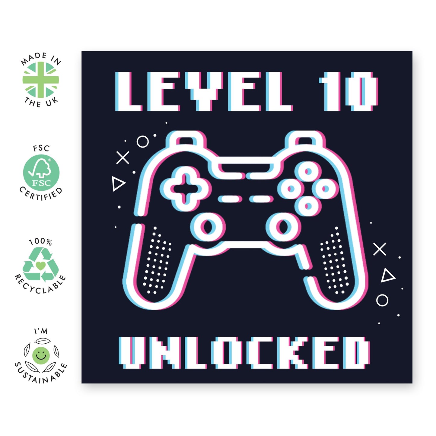 10th Birthday Card For Boys - Level 10 Unlocked Sqaure - Happy Birthday Cards For Son - Gamer Video Games - Ten Year Old - Comes With Fun Stickers - By Central 23