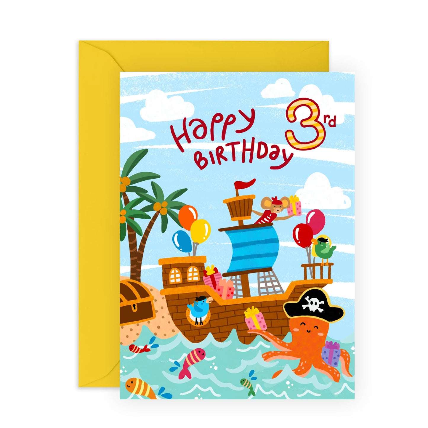 Kids Birthday Card For Third Birthday - Happy 3rd Birthday Card - Animal Pirates Ship Treasure - Boys Birthday Card For 3 Year Old - Gifts For Son Grandson - Comes With Stickers - By Central 23