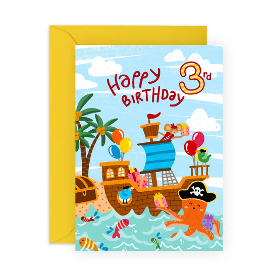 Kids Birthday Card For Third Birthday - Happy 3rd Birthday Card - Animal Pirates Ship Treasure - Boys Birthday Card For 3 Year Old - Gifts For Son Grandson - Comes With Stickers - By Central 23