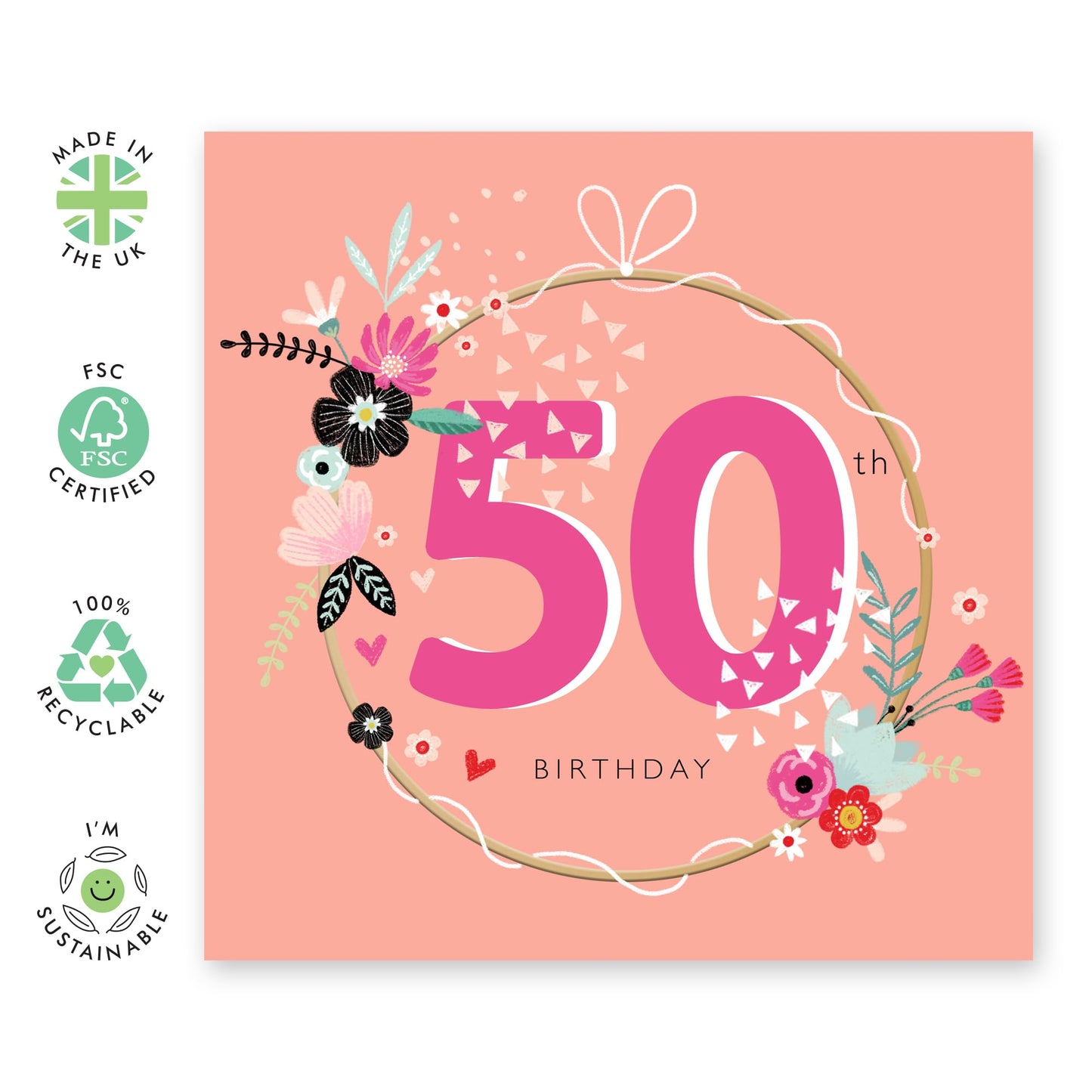 50th Birthday Card For Her - 50th Circle Florals - Fiftieth Floral Birthday Card - Wife Mum - Gift For Women - Mummy Birthday Greeting Card Sister Female Friend - Comes With Fun Stickers By Central 23