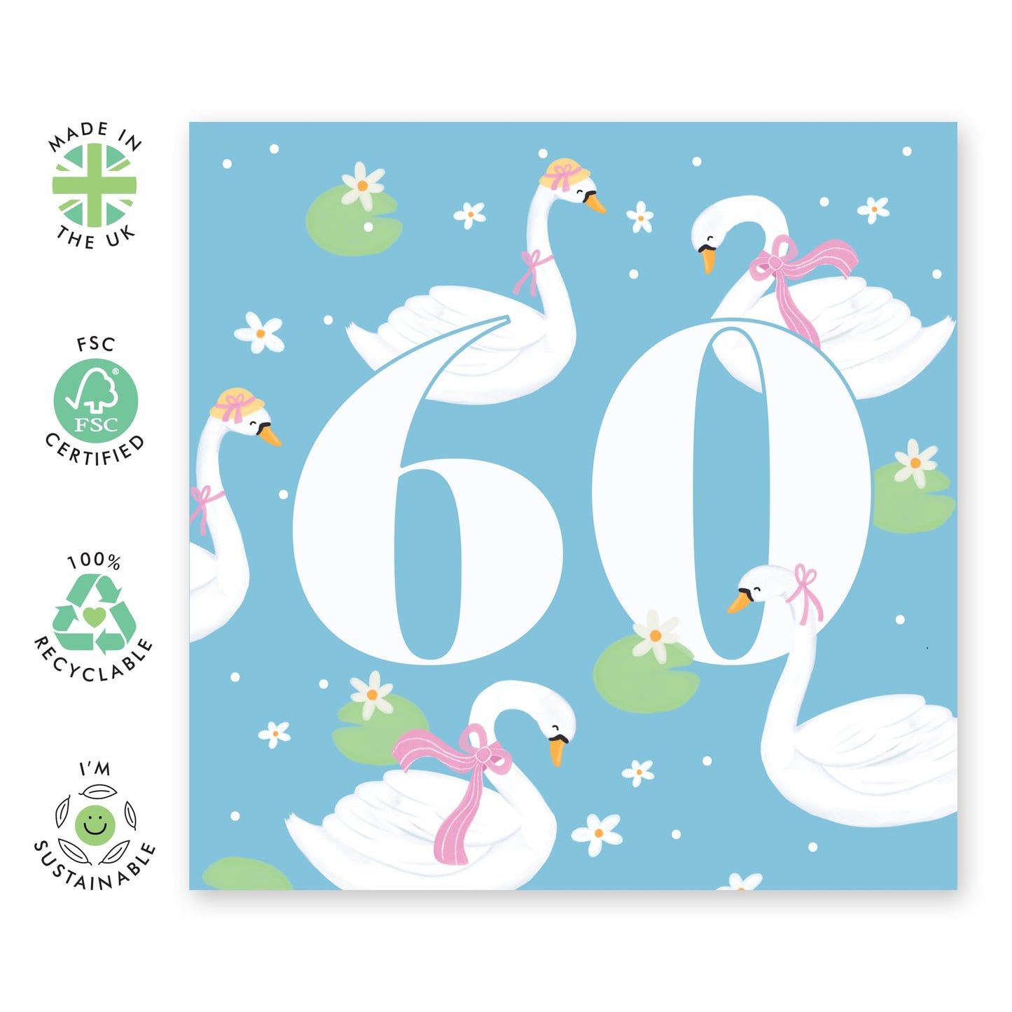 Sixtieth Birthday Cards For Her - Swan 60 - 60th Birthday Card For Women - 60 Year Old Gifts For Mum Nan Wife Friends - Birthday Celebration - Comes With Stickers By Central 23
