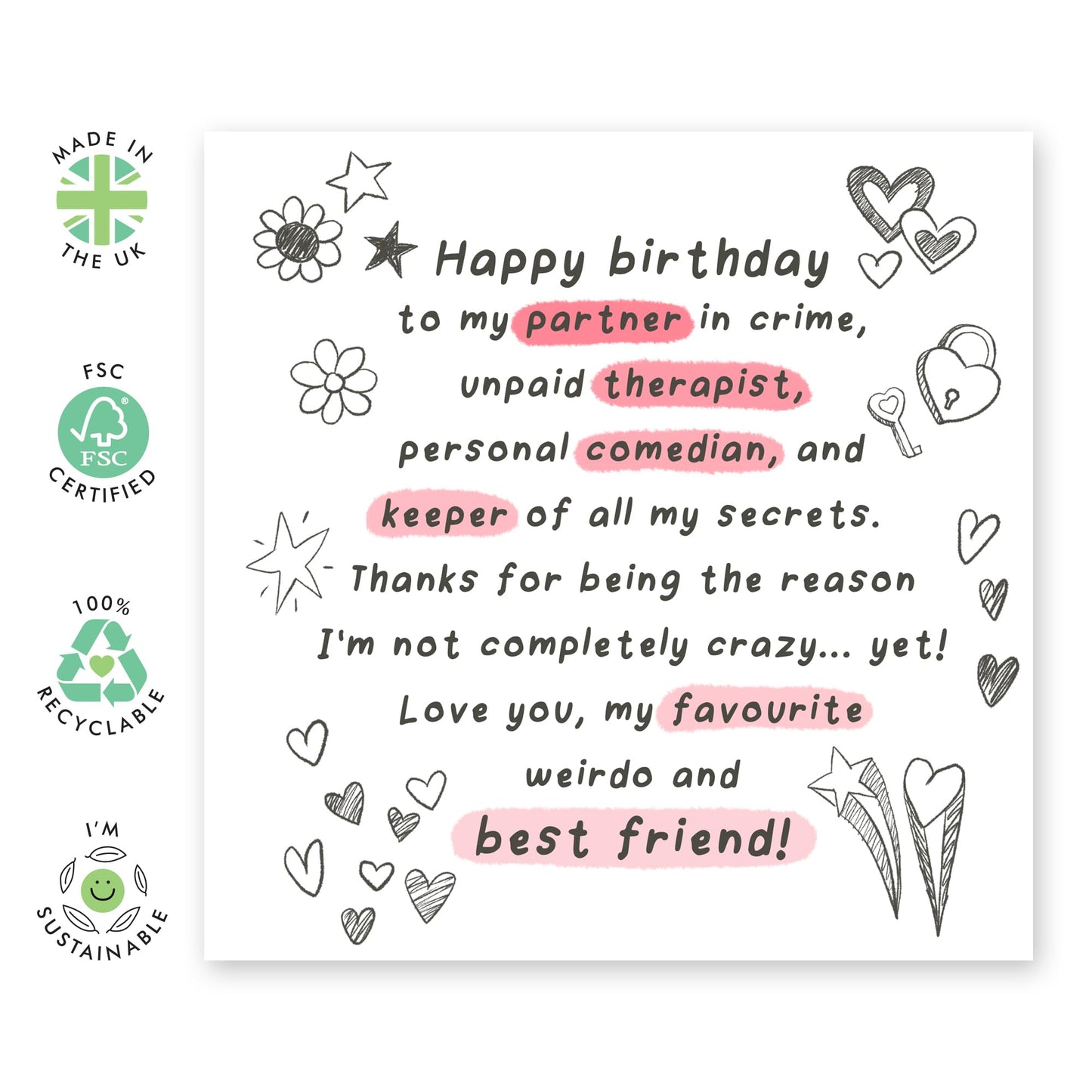 Sweet Birthday Card Message - 'Best Friend Doodles' - Gifts for Bestie, BFF, Girlfriend, Sister, Sis, Her, Partner - Keeper of Secrets - Comes with Fun Stickers