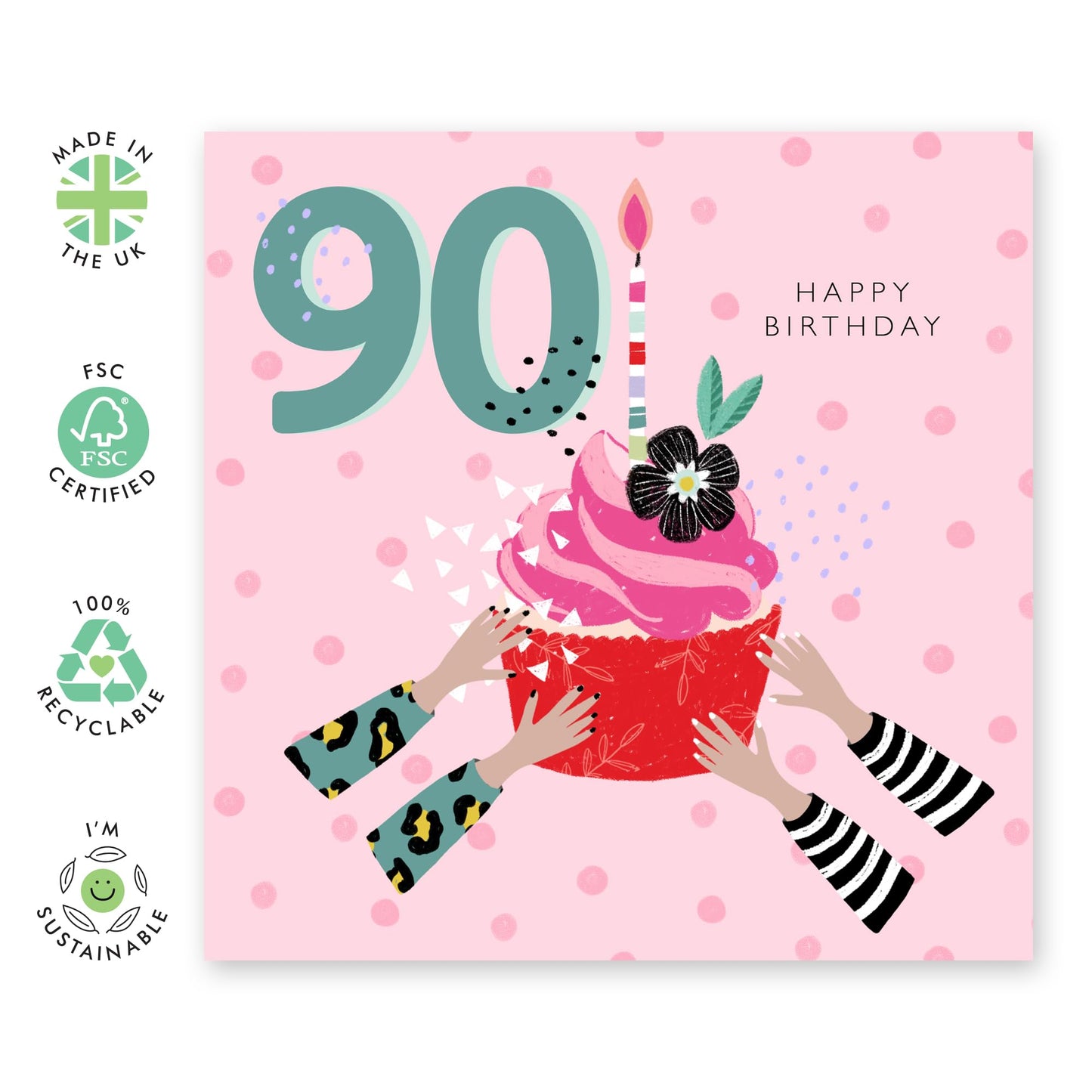 Womens Birthday Card Age Ninety - 90th Birthday Card For Her - Bday Cupcake - Ninetieth Birthday Cards For Women - Gifts For Nan Aunt Mum Grandma - Comes With Fun Stickers - By Central 23