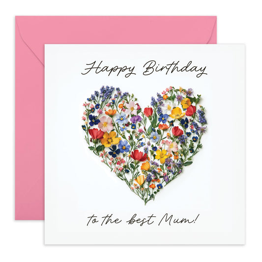Flowers Birthday Card - 'Birthday Best Mum' - Gifts for Mother, Mammy, In-Law, Step Mum, Mam, Family - Heart Shape - Comes with Fun Stickers
