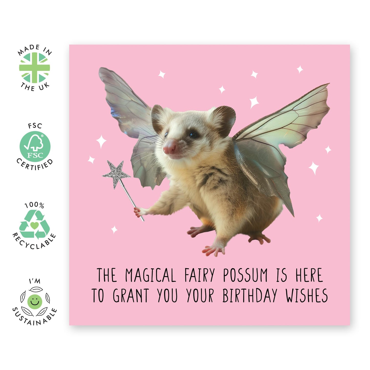 Birthday Cards Funny - 'Magical Fairy Opossum' - Happy Birthday Card For Friends - Cute Greeting Cards For Girls Women - Gifts for Dog Mum Fur Dad - Comes With Cute Stickers By Central 23