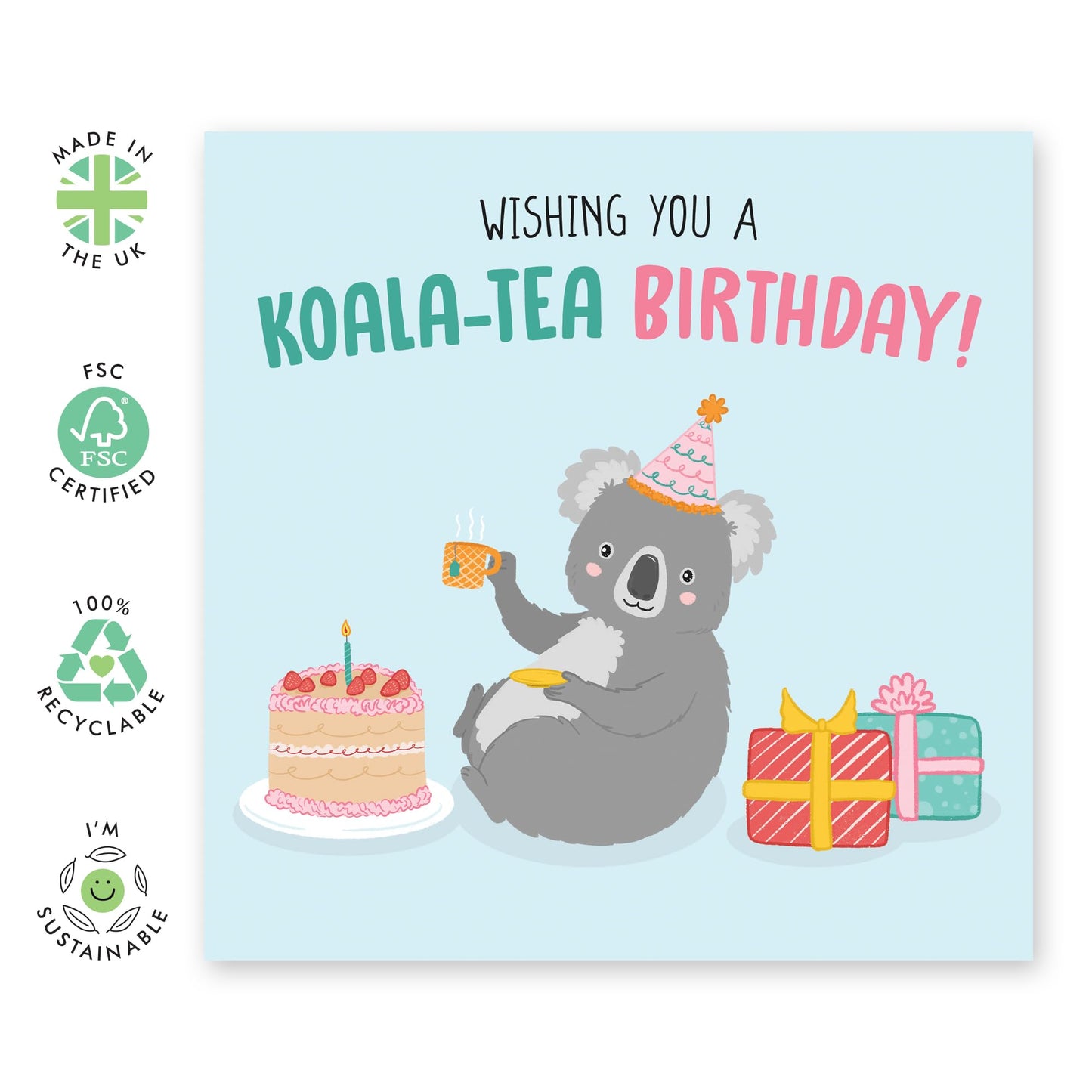 Birthday Card with Adorable Animals - 'Koala-Tea Birthday' - Gifts for Best Friends, Besties, BFF,Girlfriends, Sister, Colleagues, Partners, Grandma - Tea and Cake - Comes with Fun Stickers