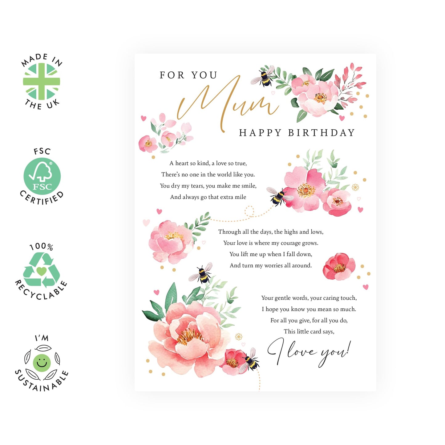 Mother's Birthday Card - 'Peony Poem Mum' - Gift & Message for Mother, Mam, Mammy, Mummy, Ma, Mama, In-Law, Step Mum - Flowers For Her - Comes with Fun Stickers