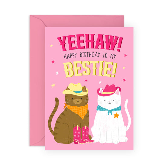 Birthday Card Cute Cat Friends - 'Cowboy Cats Bestie' - Gifts for BFF, Best Friends, Girlfriend, Sister, Sis, Coleagues, Family - Boots and Hat - Comes with Fun Stickers