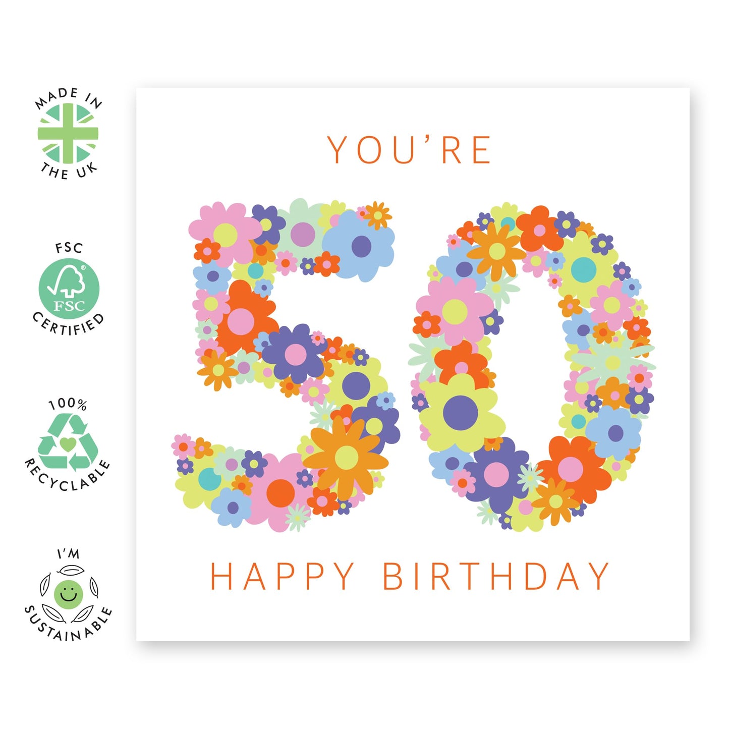 50th Birthday Card For Women - Floral Rainbow Age 50 - Sweet Birthday Card - Wife Mum - Sister - Floral - Happy Fiftieth Birthday Greeting Card Female Friend - Comes With Fun Stickers - By Central 23