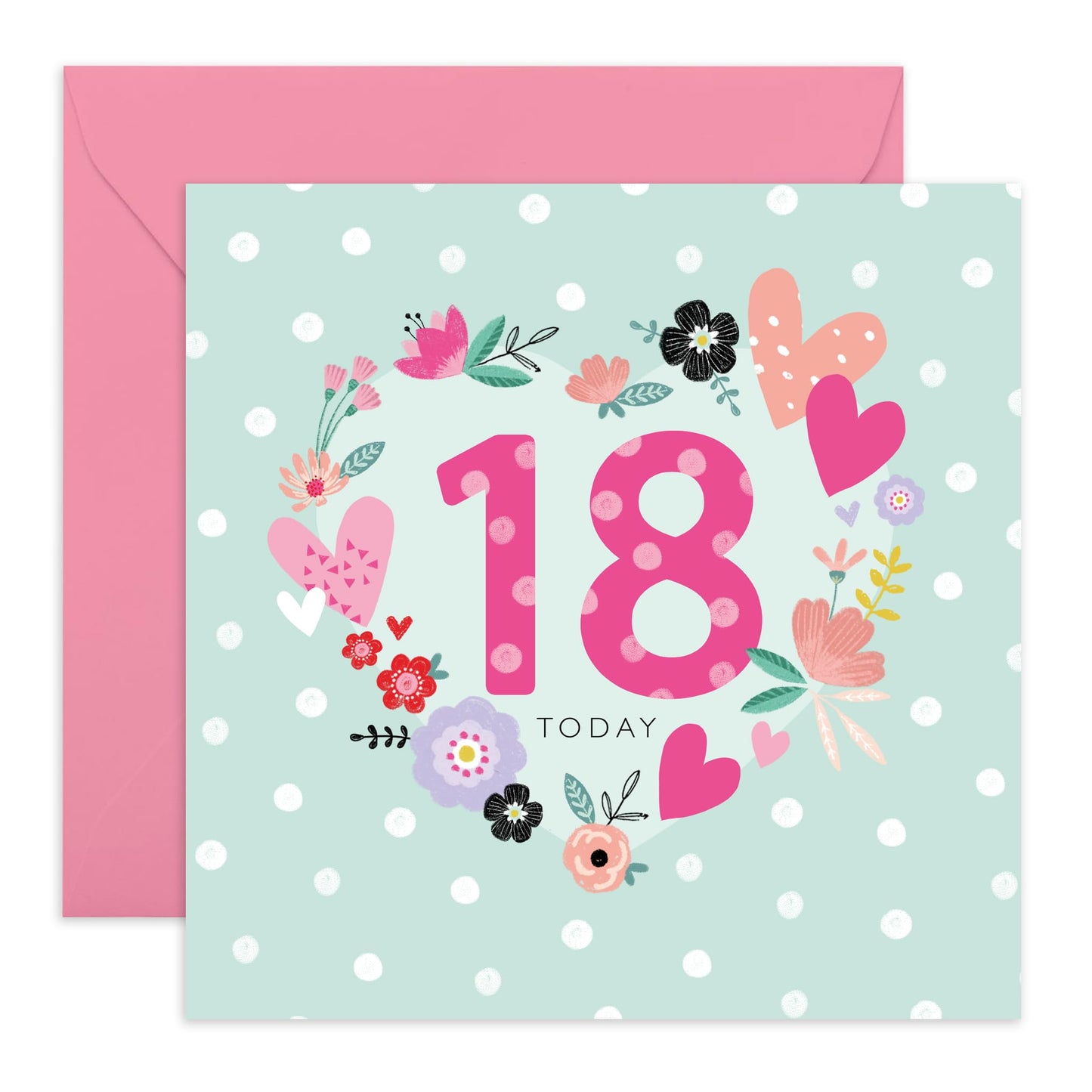 18th Birthday Card - 18 Dotty Floral Heart - Happy Eighteenth Birthday Cards - 18 Year Old Gifts For Best Friend Women Him Her - Floral Bday Card - From Mum Dad - Comes With Stickers By Central 23